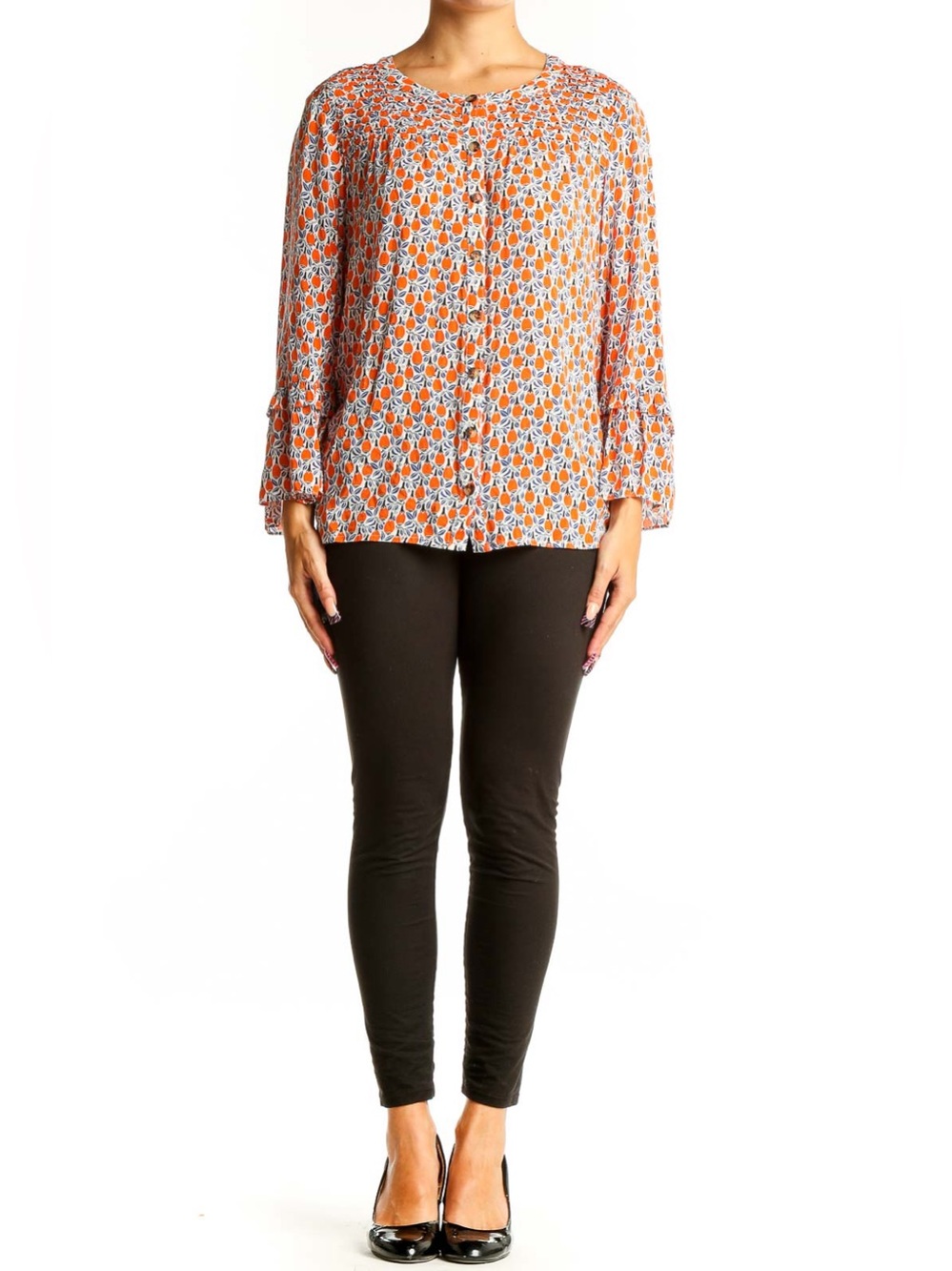 Anthropologie Maeve Berwick Bell Sleeve Maracas Print Blouse Medium Orange - Picture 4 of 14